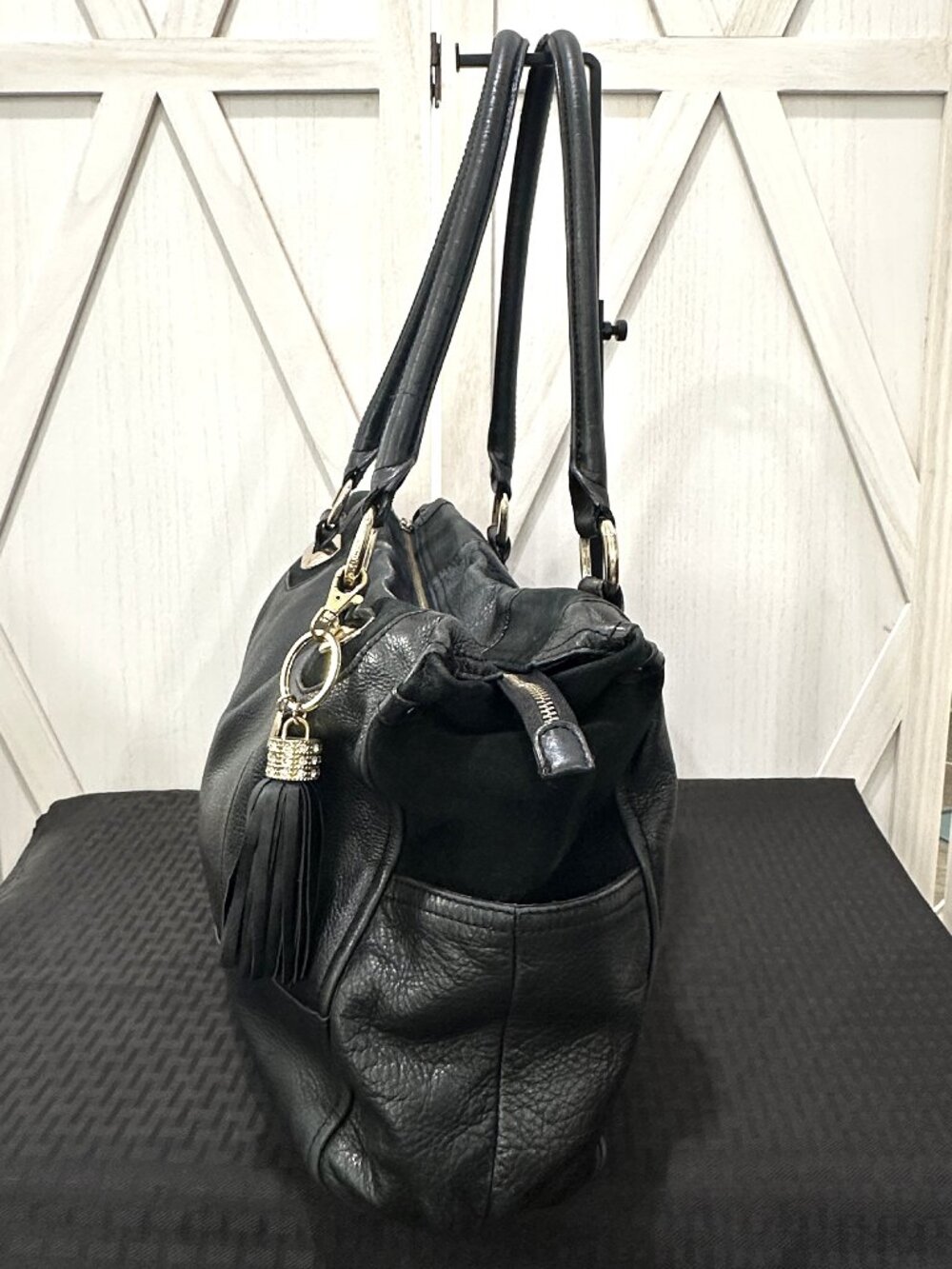 B. Makowsky Y2K Black Pebbled Leather Satchel Shoulder Bag Leopard Lining - Picture 4 of 9